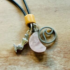 Cute Pendant Necklace with pink quartz, silver plated mermaid and wave